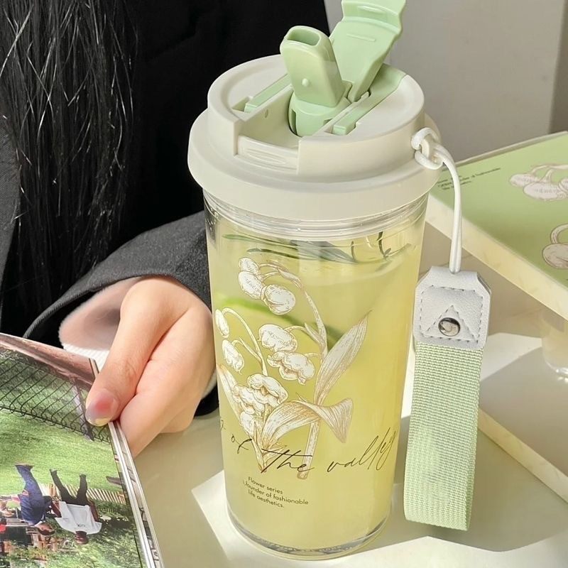 夏季新款铃兰花塑料杯带水杯值提办公室大容量水杯便携车载绳颜高,餐饮具,随手杯,淘宝优惠券,粉丝福利购,淘宝优惠卷