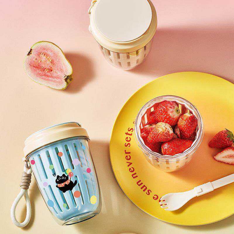 上班族便水果餐杯携沙拉杯叉带顶端勺子野双层沥水保鲜盒梅森杯饭
