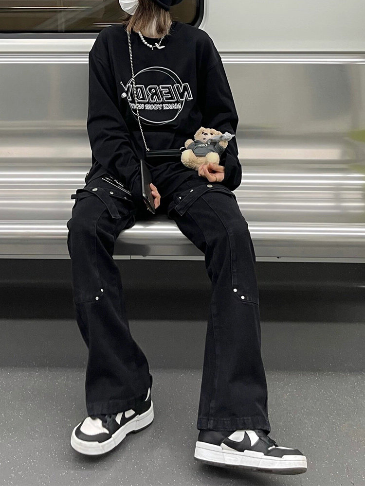 thumbnail for american strappy subculture y2k black micro flare cargo jeans female summer slim pants plus size chubby mm