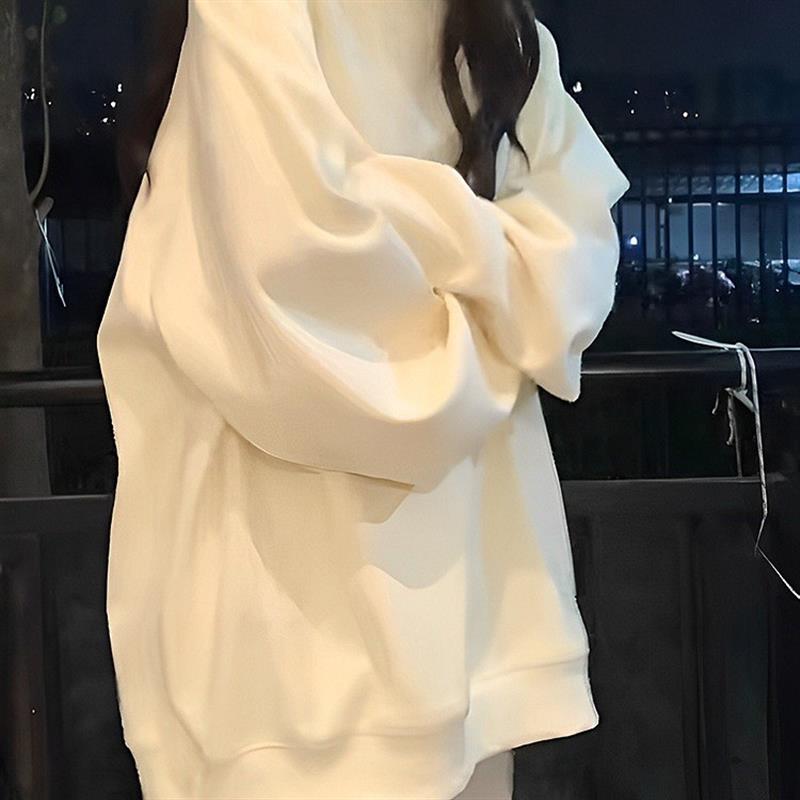 ins纯色无帽圆领卫衣女春秋oversize薄款外套韩版潮宽松慵懒上衣