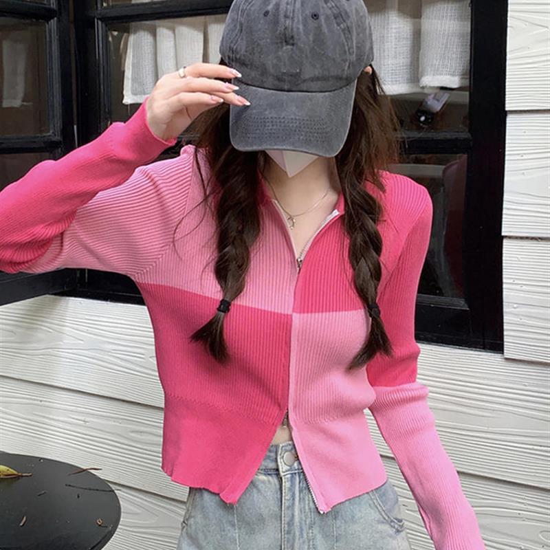 粉色短款针织开衫女早秋上衣多巴胺穿搭别致百搭法式冬季毛衣外套