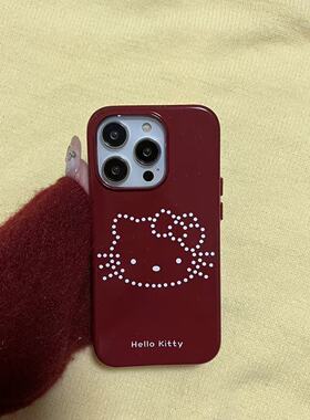 波点可爱猫14适果16ProM手ihon13酒红KT韩系用苹ax机壳Pe16/软15