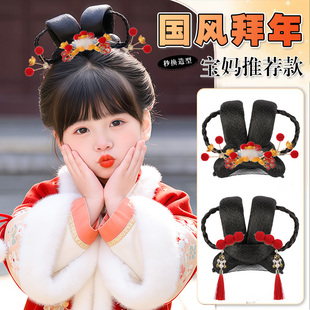 儿童汉服假发一体式古风假发髻盘发造型古装女童拜年头饰明制垫发
