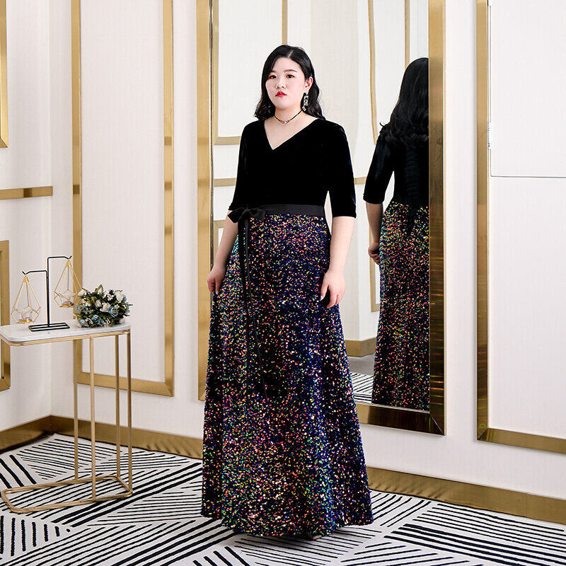 大码胖mm艺考表演礼服宴会年会主持晚礼服黑色气质高端显瘦长裙胖