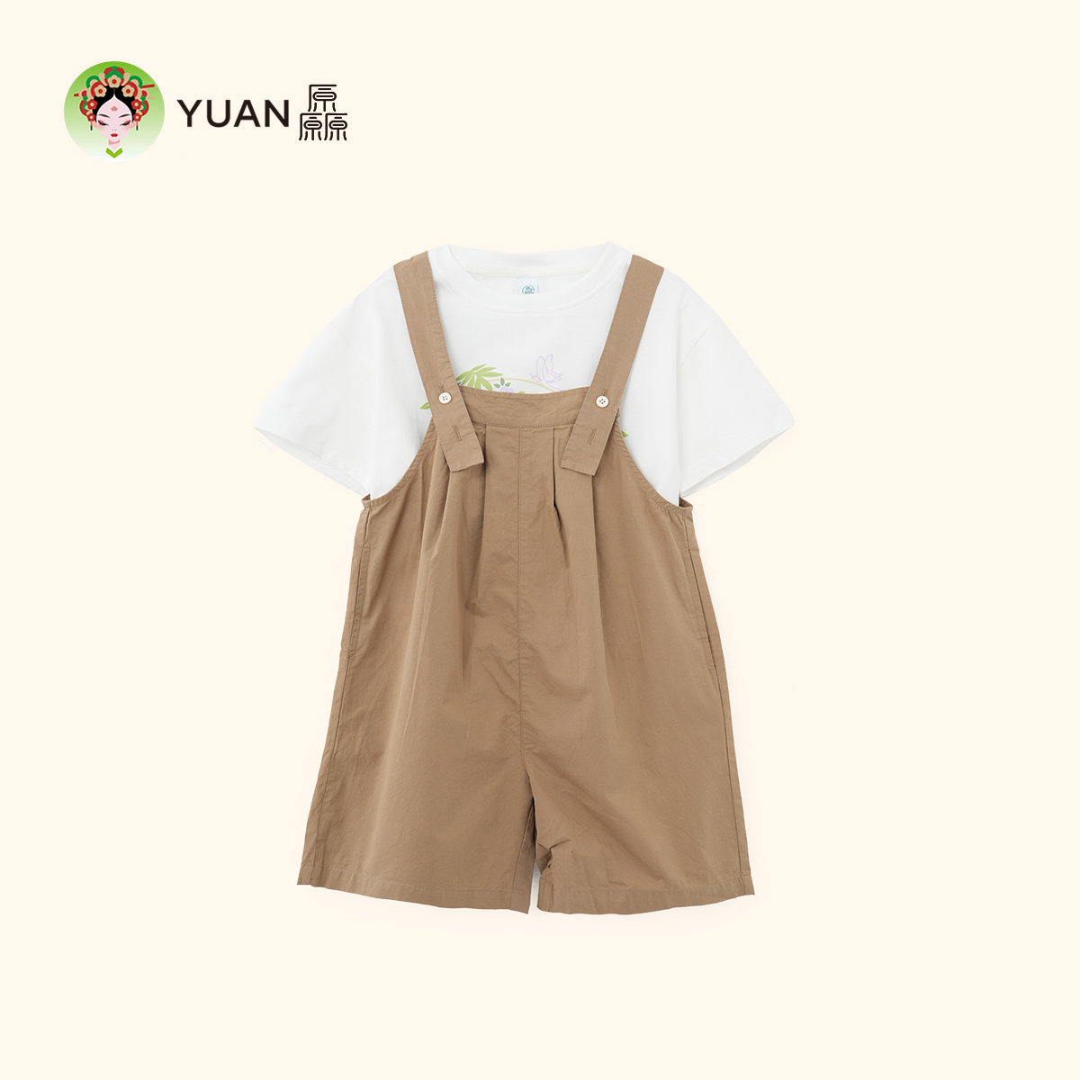 厵YUAN女大童夏季透气超柔民国白色短袖新国风中式T恤背带裤套装