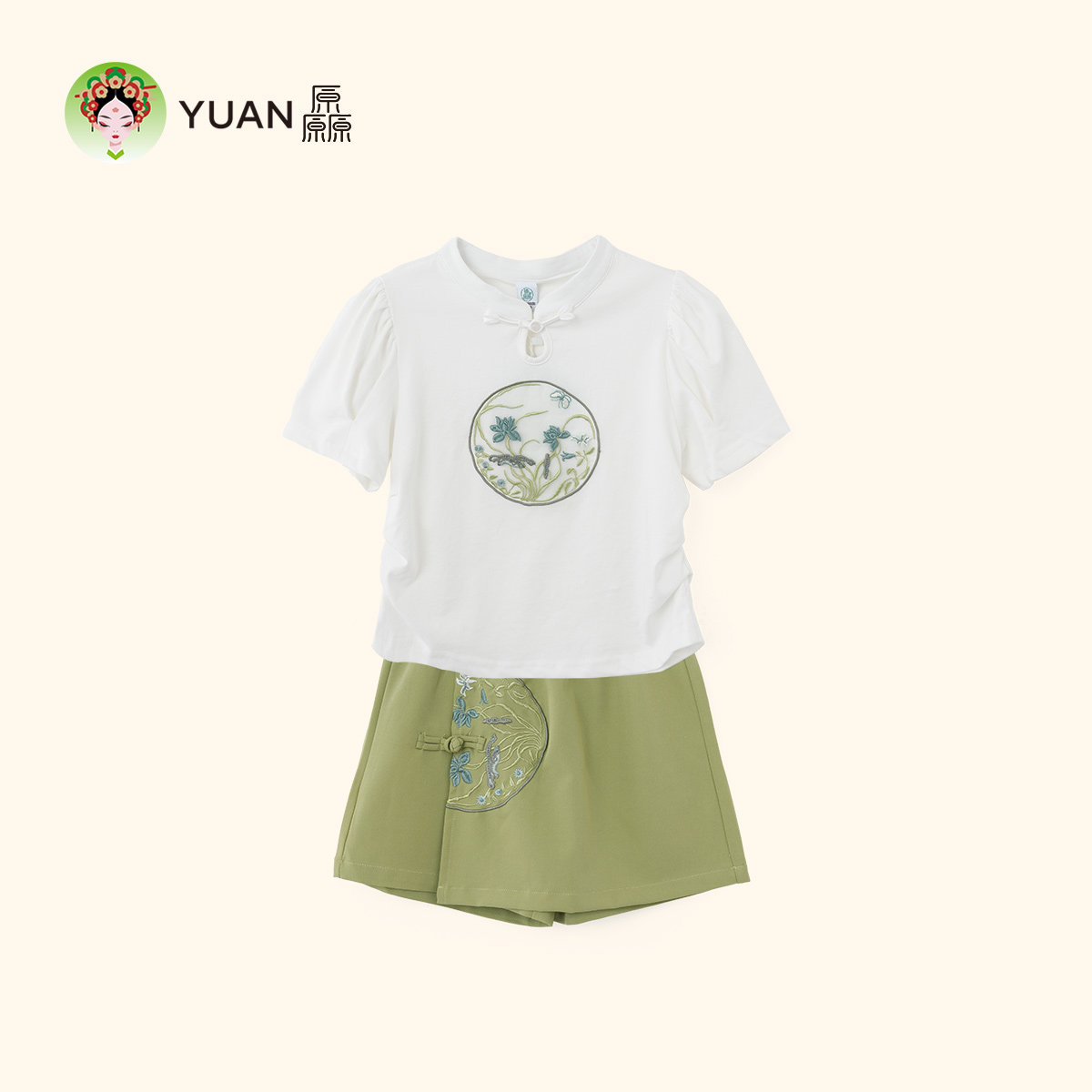厵YUAN女中大童套装夏季透气超柔民国白色短袖套装新中式绣花汉服