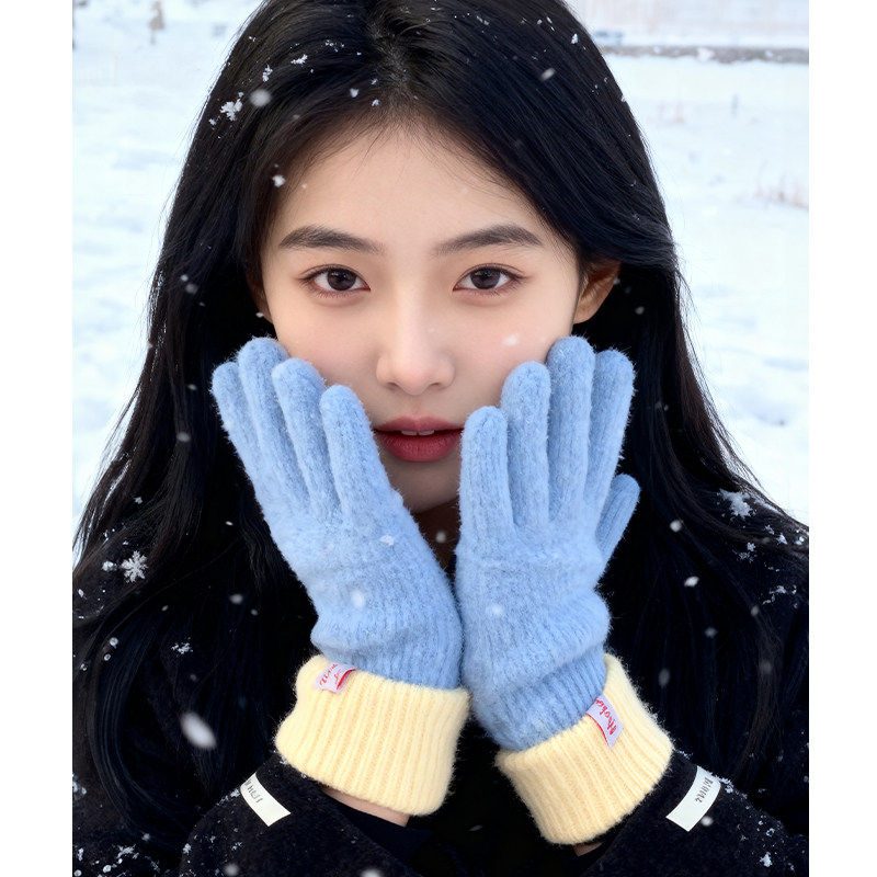 韩版新款蓝色毛绒可爱针织手套女学生秋冬骑行保暖防寒分指可触屏