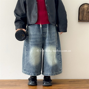 儿童洋气阔腿裤2026新款韩版男女童秋季复古做旧宽松牛仔九分裤潮