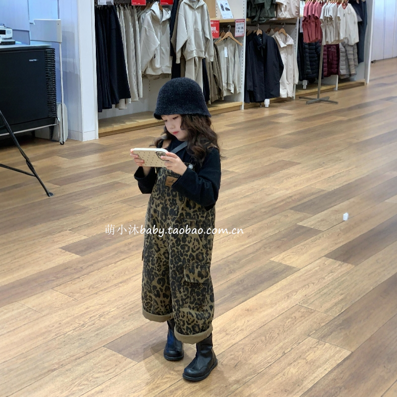 男女童秋季宽松休闲豹纹背带裤潮