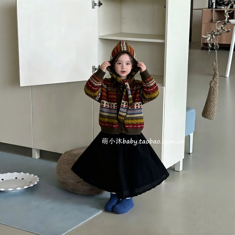 儿童洋气宽松外套2026新款韩版秋款女童费尔岛可拆卸帽子针织毛衣
