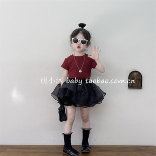 儿童洋气韩版T恤2026新款韩版女孩夏季薄款露背百搭红色短袖上衣