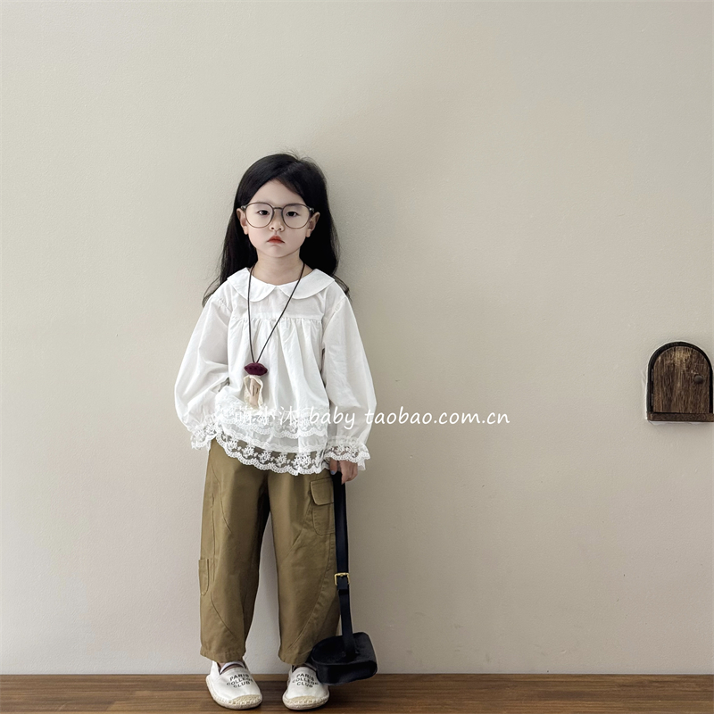 儿童洋气蕾丝衬衫2025新款韩版女童秋季拼接花边可爱套头娃娃衫潮