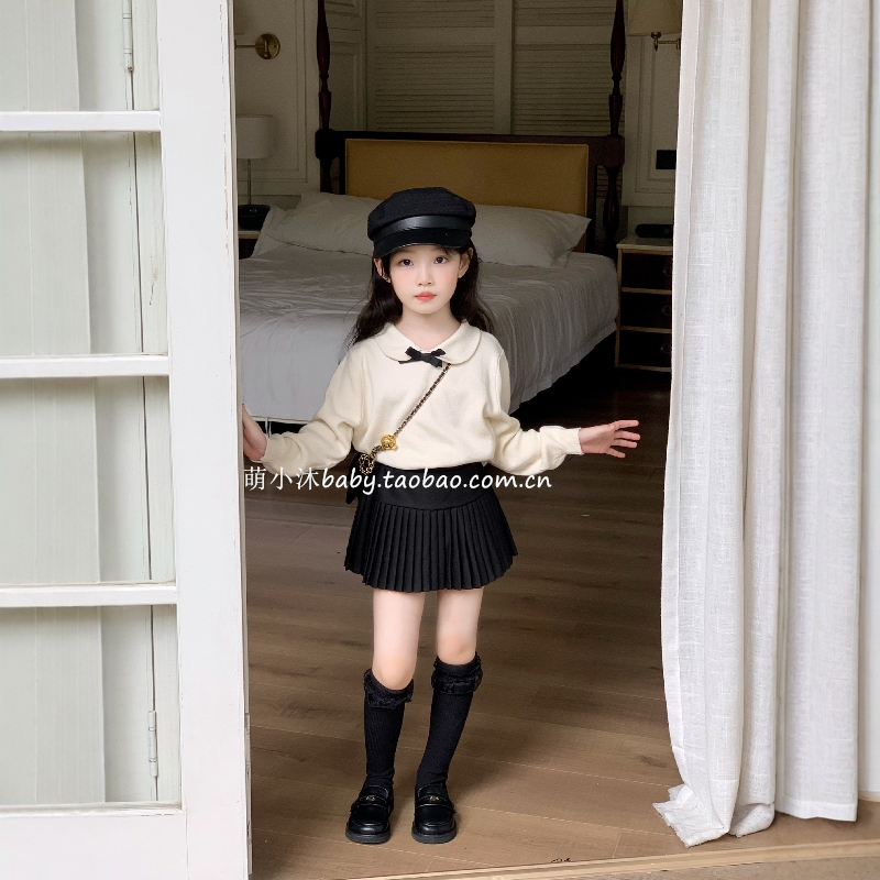 女童秋季学院风娃娃领蝴蝶结毛衣