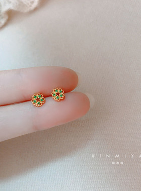 馨米娅高级感缕空花朵小耳钉女纯银针精致绿色气质耳夹无耳洞耳饰
