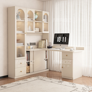 实木转角书桌书架一体组合小户型带书柜储物学生写字桌台式电脑桌