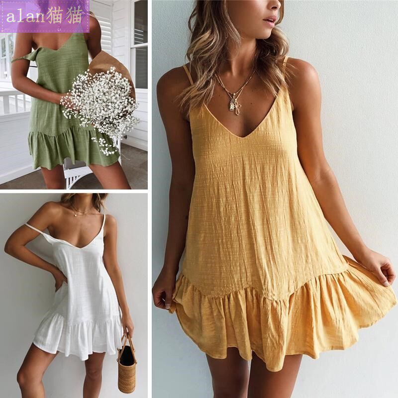 summer mini dress Women strap ruffle sexy short dresses 女裙