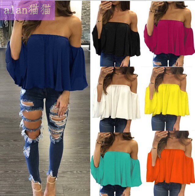 T-shirs Female Blouse Shirts Off shoulder Ruffles Women Tops