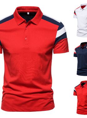 外贸欧码跨境夏季男士时尚红色块短袖翻领T恤POLO衫Men's T s