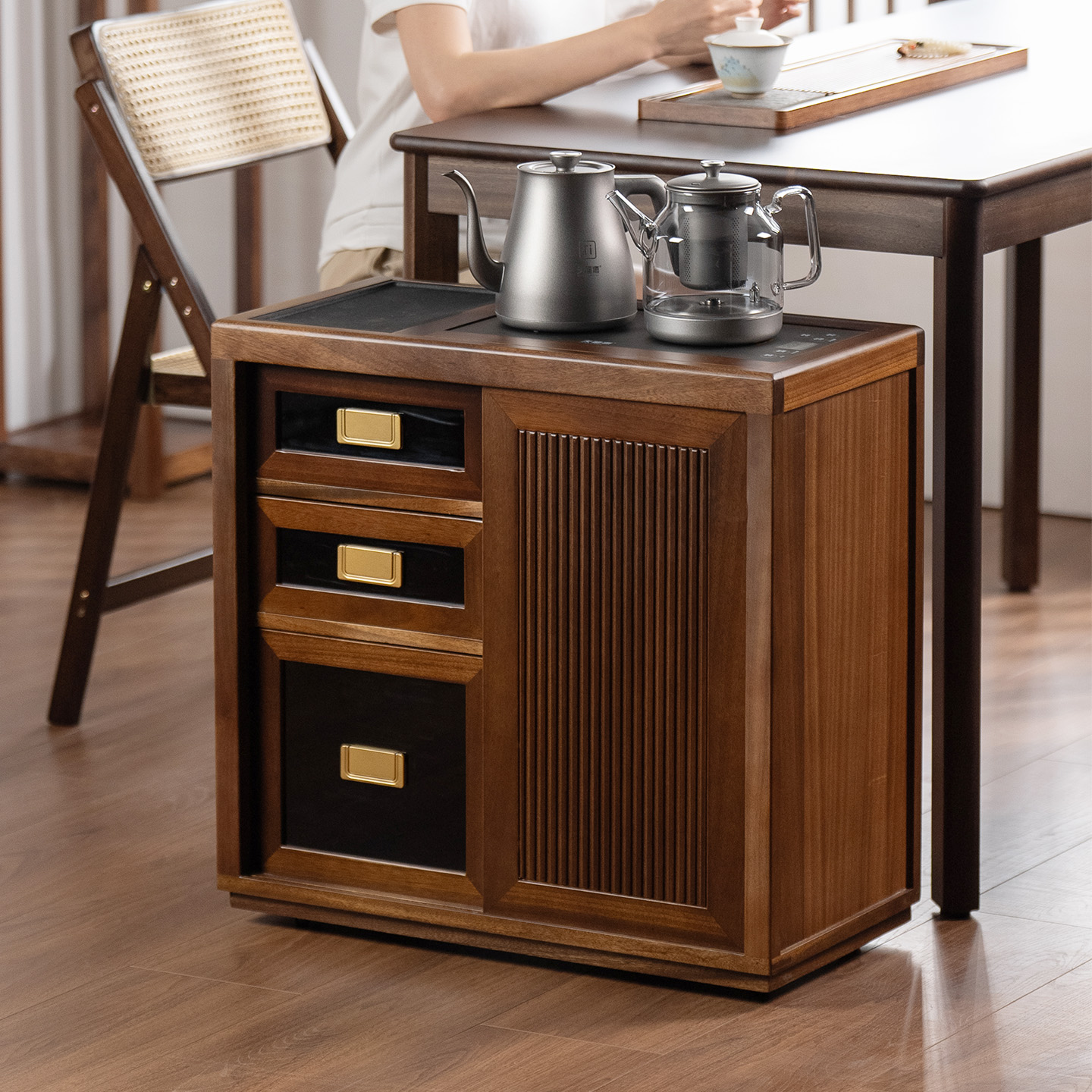 茶水柜烧水壶一体家用实木茶台办公室商用移动茶桌边柜核桃木置物