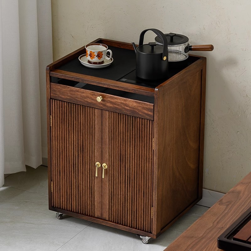 竹莜莜整装黑胡桃木茶水柜实木移动茶台家用小型茶几侧边柜子