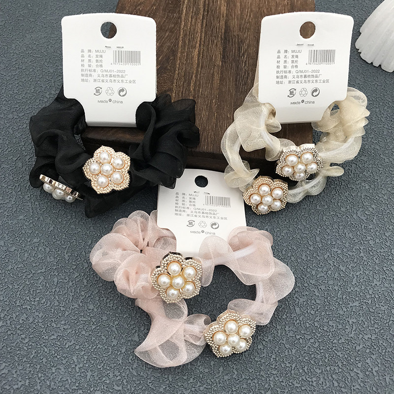 欧根纱头绳带珍珠花发圈发饰品