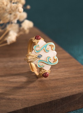 网红直播带货鎏金宫廷复古民族风珐琅彩烧蓝镶嵌白玉开口戒指女