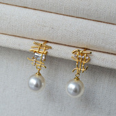 日韩小众设计不规则线条网格镶嵌锆石黄铜镀金仿珍珠个性 耳钉耳饰