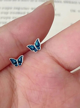 s925纯银蓝色滴油蝴蝶耳钉韩版小清新迷你个性设计精致感耳饰