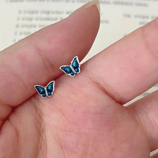 s925纯银蓝色滴油蝴蝶耳钉韩版小清新迷你个性设计精致感耳饰