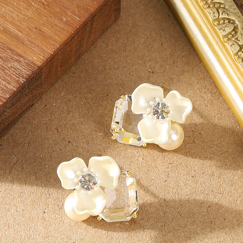 S925银针韩版超仙精致田园风镶钻珍珠滴油花卉耳钉女气质百搭耳饰