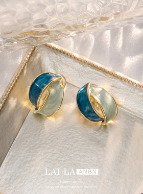 「远山黛」蚊香盘耳夹女无耳洞法式拼色蓝色耳钉女复古耳环感