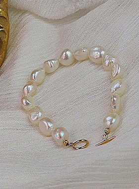 巴洛克天然淡水珍珠手链女简约百搭14k注金ot扣感设计手饰女