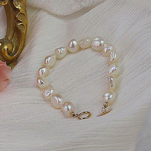 巴洛克天然淡水珍珠手链女简约百搭14k注金ot扣感设计手饰女