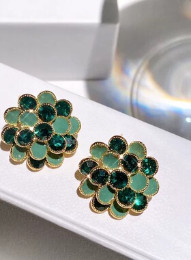 米兰世家轻奢花朵小众精致复古绿色耳环气质感粉色耳钉耳饰女