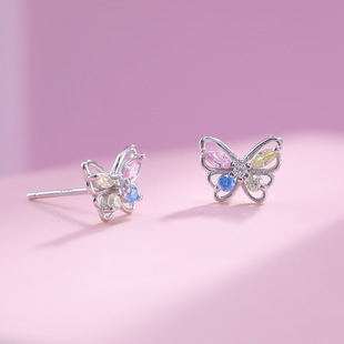 s925纯银爆闪彩钻蝴蝶耳钉女韩版甜美简约个性气质轻奢感耳饰