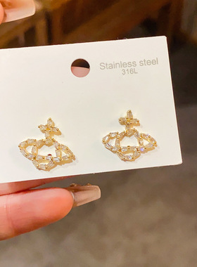 14k真金电镀土星镂空锆石耳钉韩系简约耳环轻奢感百搭耳饰女