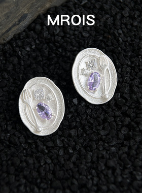 原创设计哑光喷砂银色刀叉盘锆石耳钉小众创意设计感清冷风耳饰女