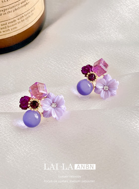 紫色水晶花瓣耳环钉女2024年新款潮小众设计耳夹感大气耳钉批
