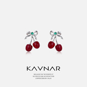 樱桃红珍珠飘逸蝴蝶结锆石耳钉时尚 气质耳饰925纯银针耳环感