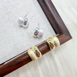 s925银针哑光雾面亮面拼接耳钉女小众感轻奢耳饰