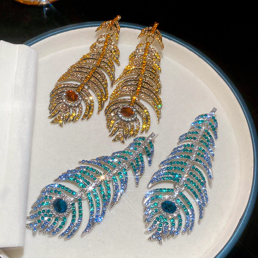 奥地利宫廷风镶钻羽毛流苏耳钉复古孔雀绿宝石耳环轻奢感耳饰