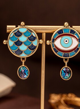 中古vinatge闪粉珐琅眼睛耳坠个性气质百搭耳饰珐琅鳞片中古耳坠