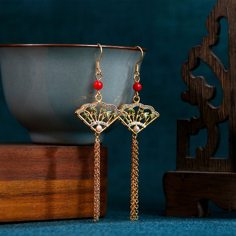 新中式竹报平安扇形仿南红耳环女国潮古风长款流苏耳钉温柔风耳饰