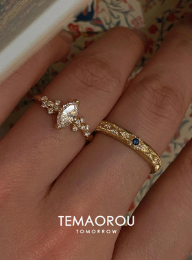 丝柏树戒指vintager古着做旧金色马眼闪钻戒指蓝点钻素圈食指戒指