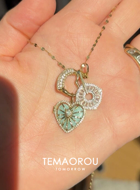 vintager古著叠戴蓝色向日葵爱心吊坠金项炼女款钛钢不掉色锁骨炼