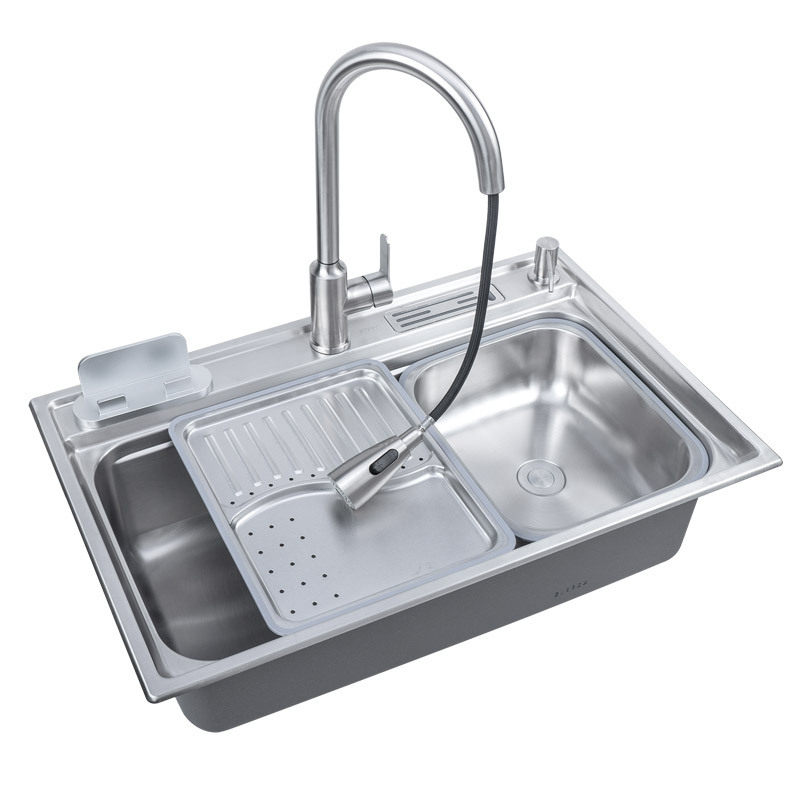 304不锈钢双层台阶大单槽一体拉伸厨房盆中盆超大水槽洗菜盆784i.