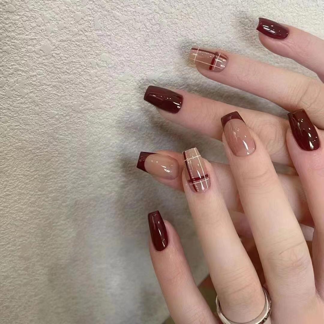 纯手工法式格纹纯手工穿戴甲