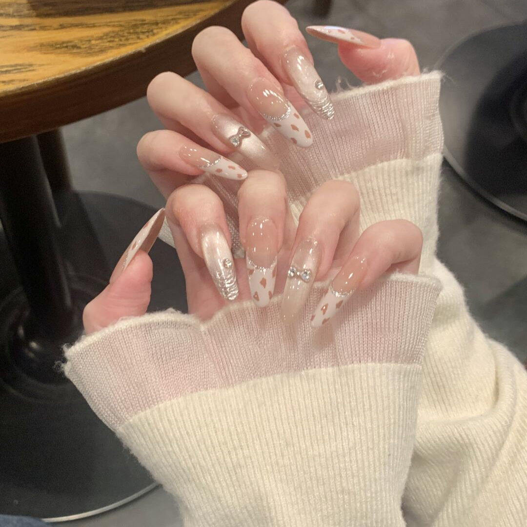 新品手工穿戴甲奶油豹纹粉色法式玻璃珠猫眼美甲小清新指甲贴片