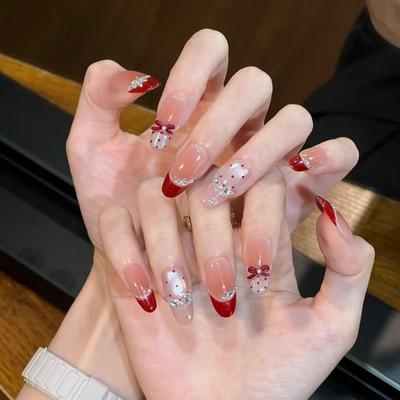 穿戴甲新年红色纯手工爆闪满钻