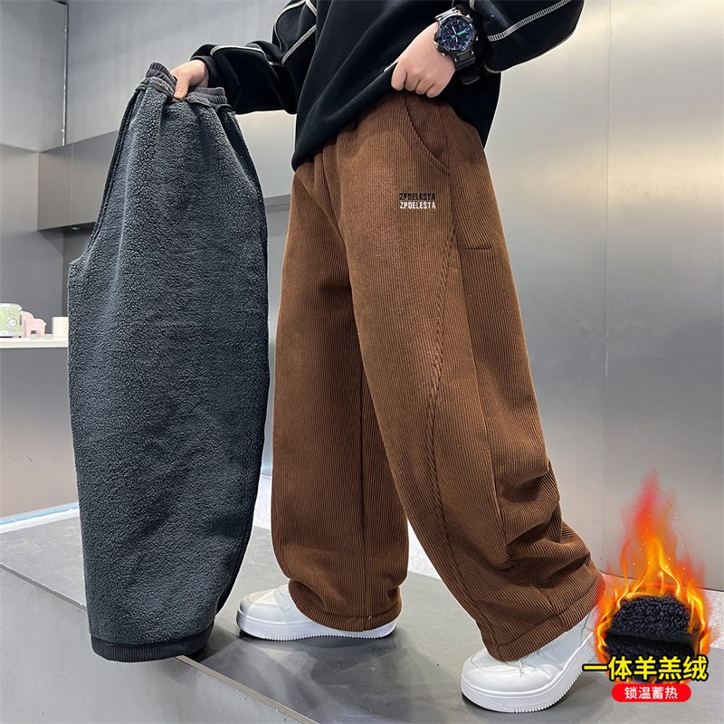 男童秋冬季裤子加绒加厚2025新款中大童冬装羊羔绒儿童灯芯绒棉裤